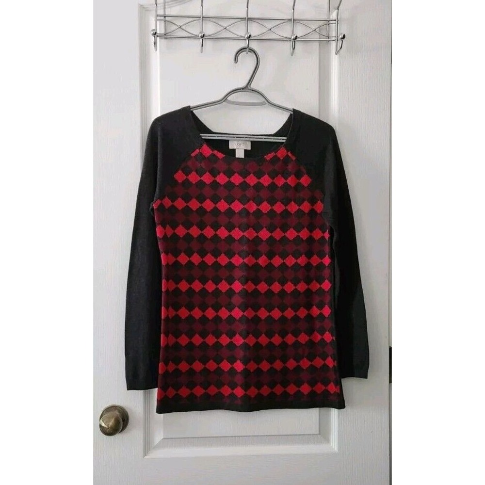 Loft Women's Cotton Knit Sweater Pullover Long Sleeves Scoop Neck Red Gray Sz S